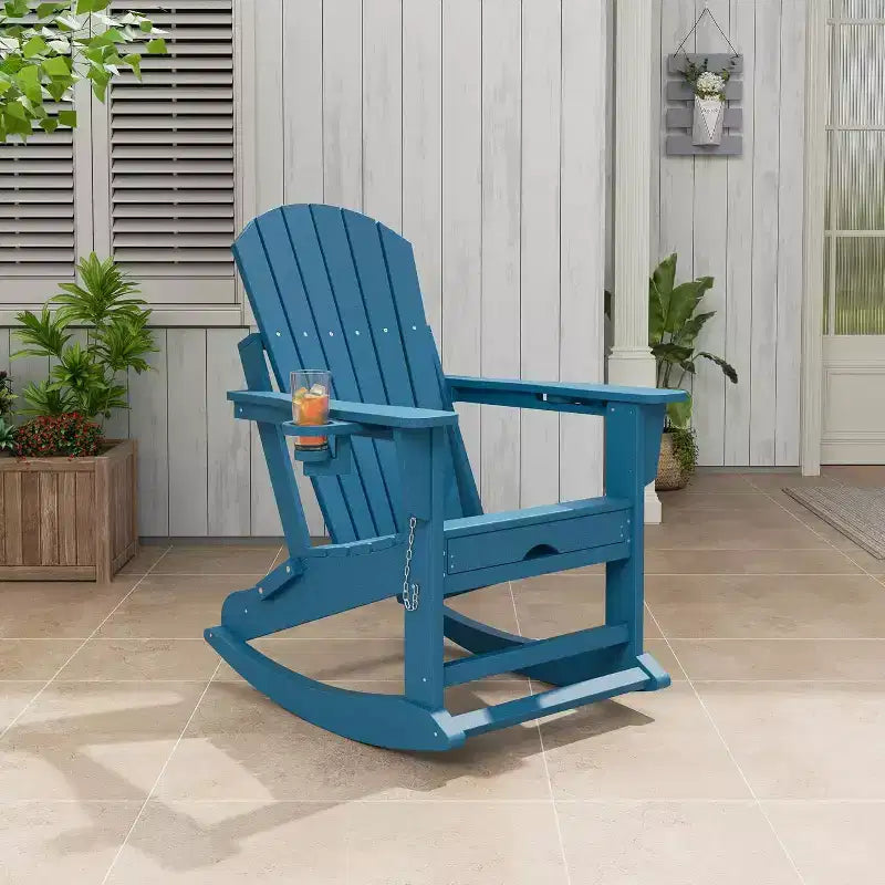 Sedia a dondolo Adirondack pieghevole Acekool 4 in 1 con poggiapiedi a scomparsa e doppio portabicchieri, set dondolo da esterno in HDPE