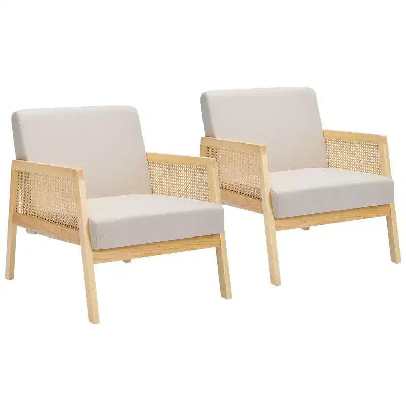 2 Pack Modern Accent Chair with Wood Legs - Linen Upholstered Armchair 300Lb Capacity for Living Room, Bedroom