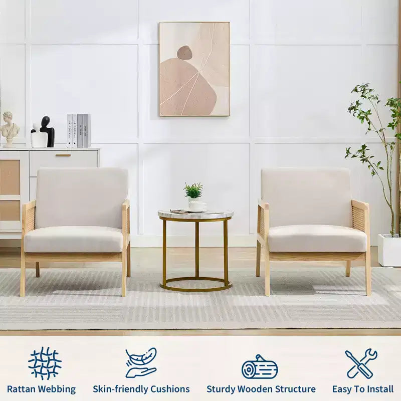2 Pack Modern Accent Chair with Wood Legs - Linen Upholstered Armchair 300Lb Capacity for Living Room, Bedroom