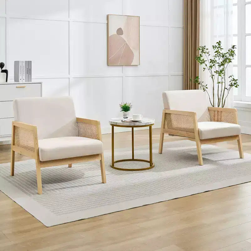 2 Pack Modern Accent Chair with Wood Legs - Linen Upholstered Armchair 300Lb Capacity for Living Room, Bedroom