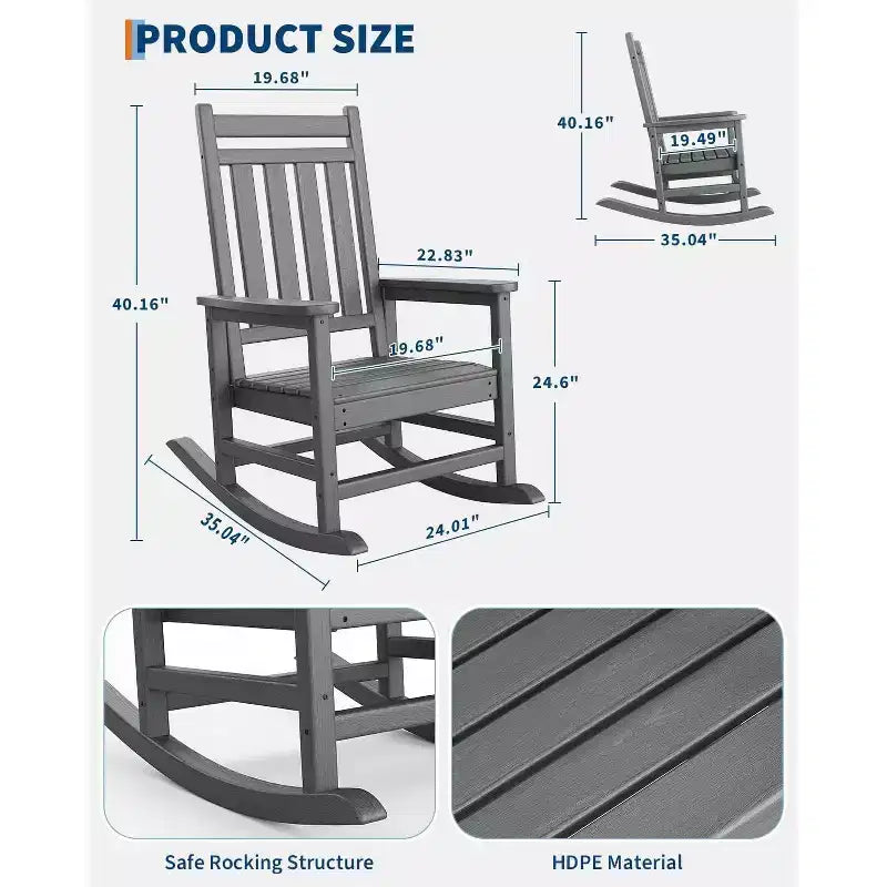 Sedia a Dondolo Oversize per Adulti da 40", Dondolo da Portico in HDPE per Tutte le Stagioni, Sedia a Dondolo da Esterno Resistente da 180 kg per Patio, Giardino, Portico