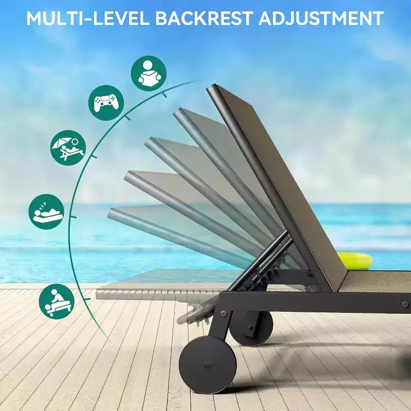 2 Patio Chaise Lounge Chairs with Side Table, Outdoor Sun Lounger Set with 5-Position Reclining Backrest & Wheels, Poolside Furniture