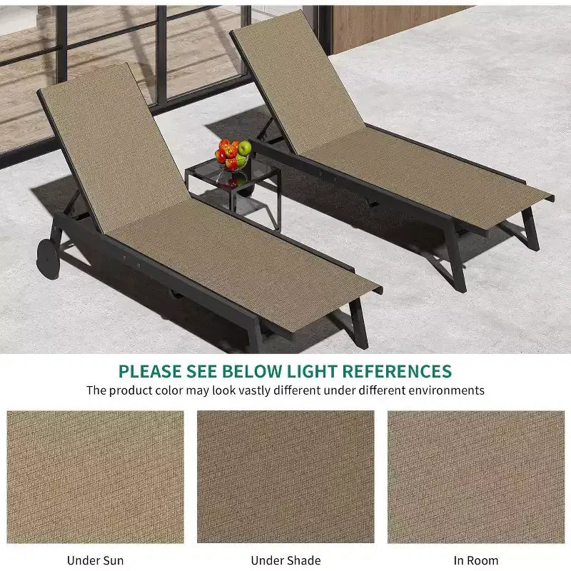 2 Patio Chaise Lounge Chairs with Side Table, Outdoor Sun Lounger Set with 5-Position Reclining Backrest & Wheels, Poolside Furniture