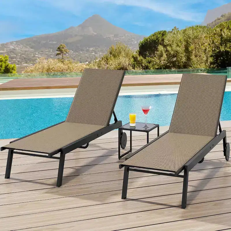 2 Patio Chaise Lounge Chairs with Side Table, Outdoor Sun Lounger Set with 5-Position Reclining Backrest & Wheels, Poolside Furniture