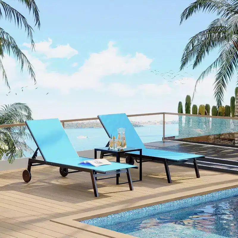 2 Patio Chaise Lounge Chairs with Side Table, Outdoor Sun Lounger Set with 5-Position Reclining Backrest & Wheels, Poolside Furniture