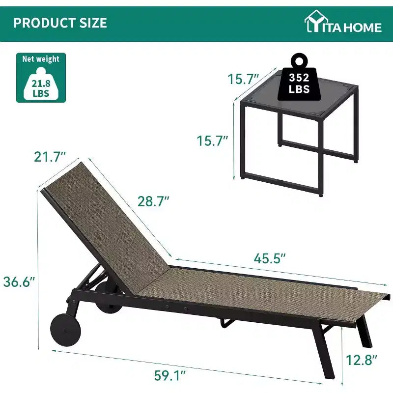2 Patio Chaise Lounge Chairs with Side Table, Outdoor Sun Lounger Set with 5-Position Reclining Backrest & Wheels, Poolside Furniture