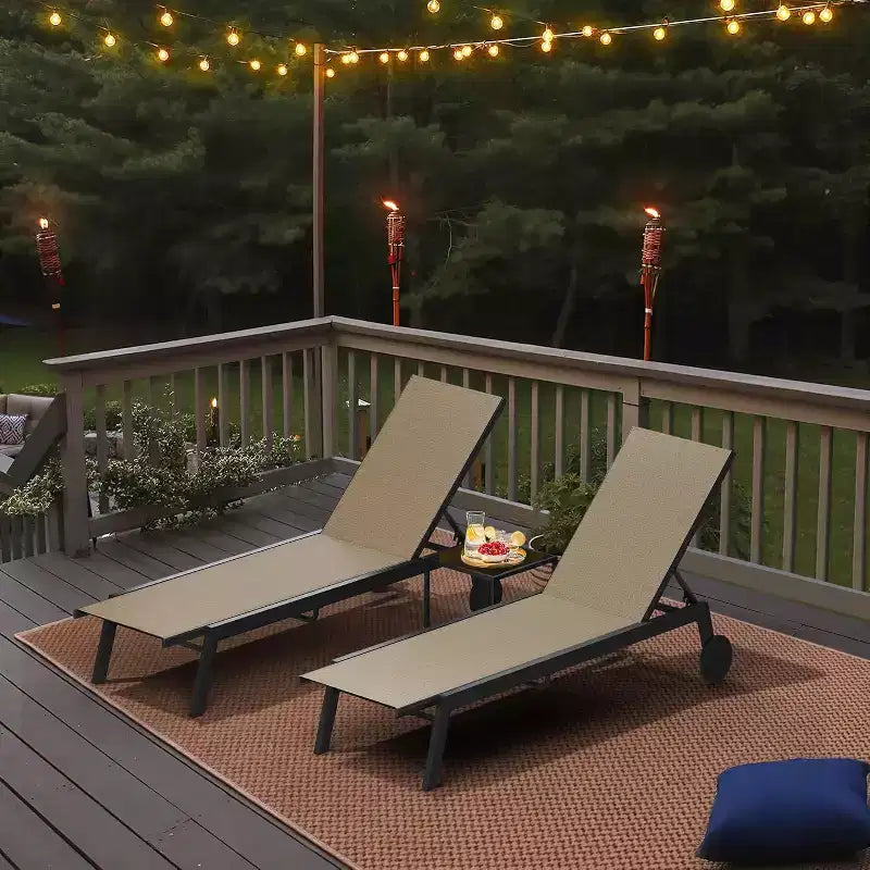 2 Patio Chaise Lounge Chairs with Side Table, Outdoor Sun Lounger Set with 5-Position Reclining Backrest & Wheels, Poolside Furniture