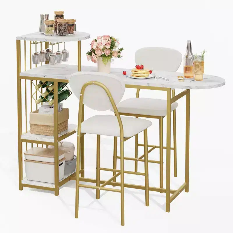 Set tavolo da bar 3 pezzi per 2 persone, tavolo da pranzo da cucina allungabile con 2 sgabelli, set tavolo e sedie da bar altezza bancone con ripiano portaoggetti e portabottiglie, oro