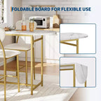 Set tavolo da bar 3 pezzi per 2 persone, tavolo da pranzo da cucina allungabile con 2 sgabelli, set tavolo e sedie da bar altezza bancone con ripiano portaoggetti e portabottiglie, oro