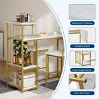 Set tavolo da bar 3 pezzi per 2 persone, tavolo da pranzo da cucina allungabile con 2 sgabelli, set tavolo e sedie da bar altezza bancone con ripiano portaoggetti e portabottiglie, oro