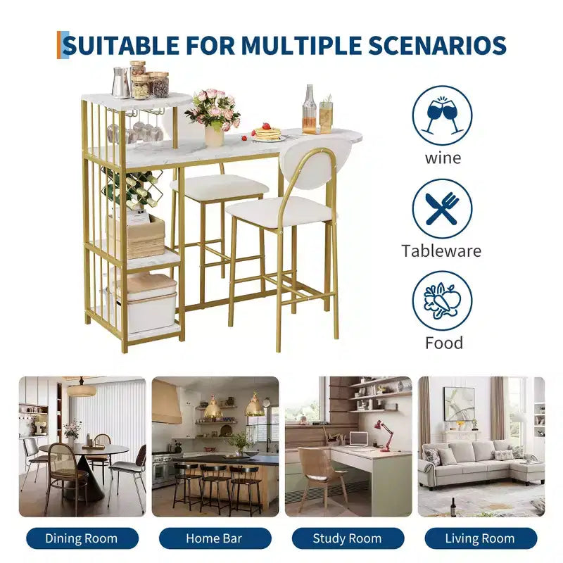Set tavolo da bar 3 pezzi per 2 persone, tavolo da pranzo da cucina allungabile con 2 sgabelli, set tavolo e sedie da bar altezza bancone con ripiano portaoggetti e portabottiglie, oro