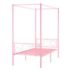 VEVOR Twin Size Canopy Bed Frame, Metal Canopy Bed with Minimalist Headboard & Four Posters Design, Heavy Duty Steel Slats Support, Pink