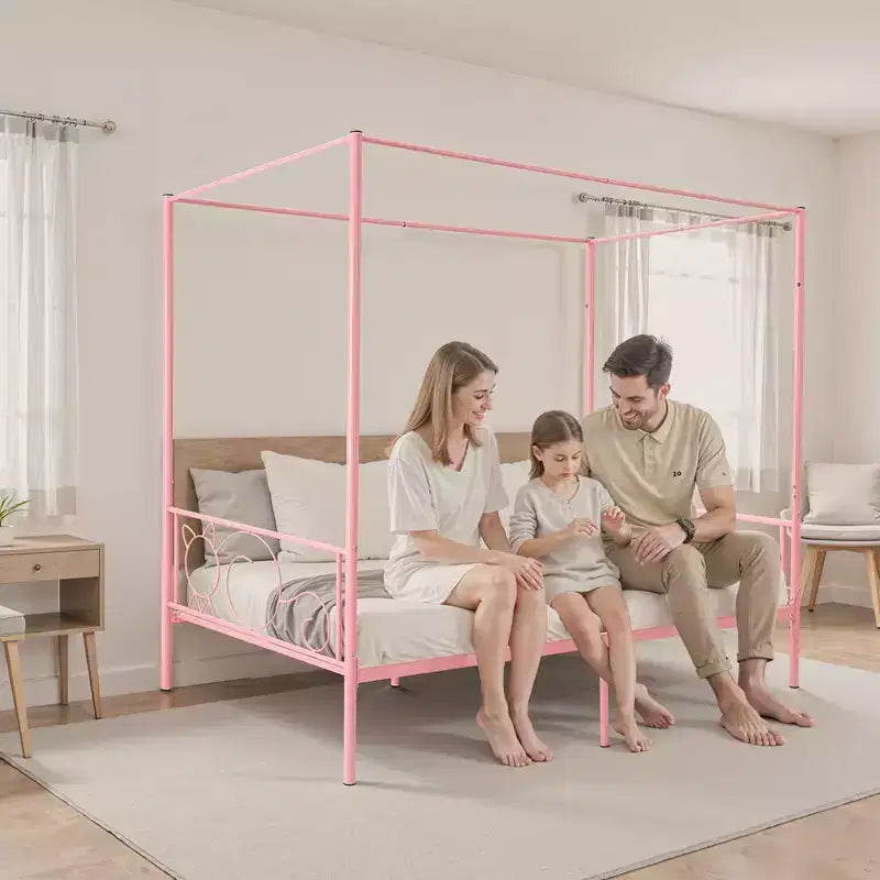 VEVOR Twin Size Canopy Bed Frame, Metal Canopy Bed with Minimalist Headboard & Four Posters Design, Heavy Duty Steel Slats Support, Pink