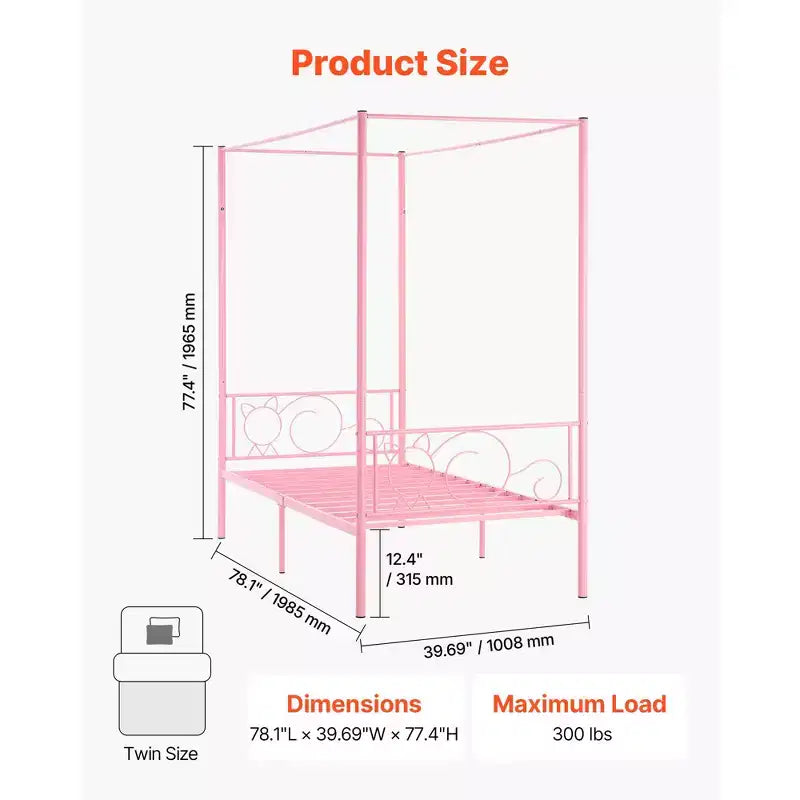 VEVOR Twin Size Canopy Bed Frame, Metal Canopy Bed with Minimalist Headboard & Four Posters Design, Heavy Duty Steel Slats Support, Pink