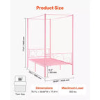 VEVOR Twin Size Canopy Bed Frame, Metal Canopy Bed with Minimalist Headboard & Four Posters Design, Heavy Duty Steel Slats Support, Pink
