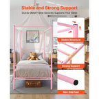 VEVOR Twin Size Canopy Bed Frame, Metal Canopy Bed with Minimalist Headboard & Four Posters Design, Heavy Duty Steel Slats Support, Pink