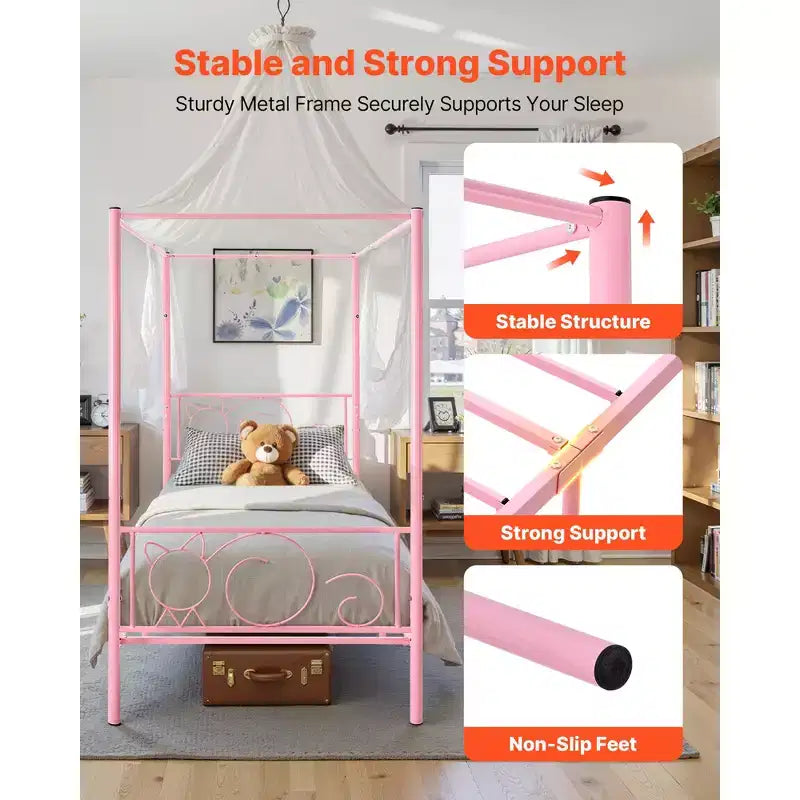 VEVOR Twin Size Canopy Bed Frame, Metal Canopy Bed with Minimalist Headboard & Four Posters Design, Heavy Duty Steel Slats Support, Pink