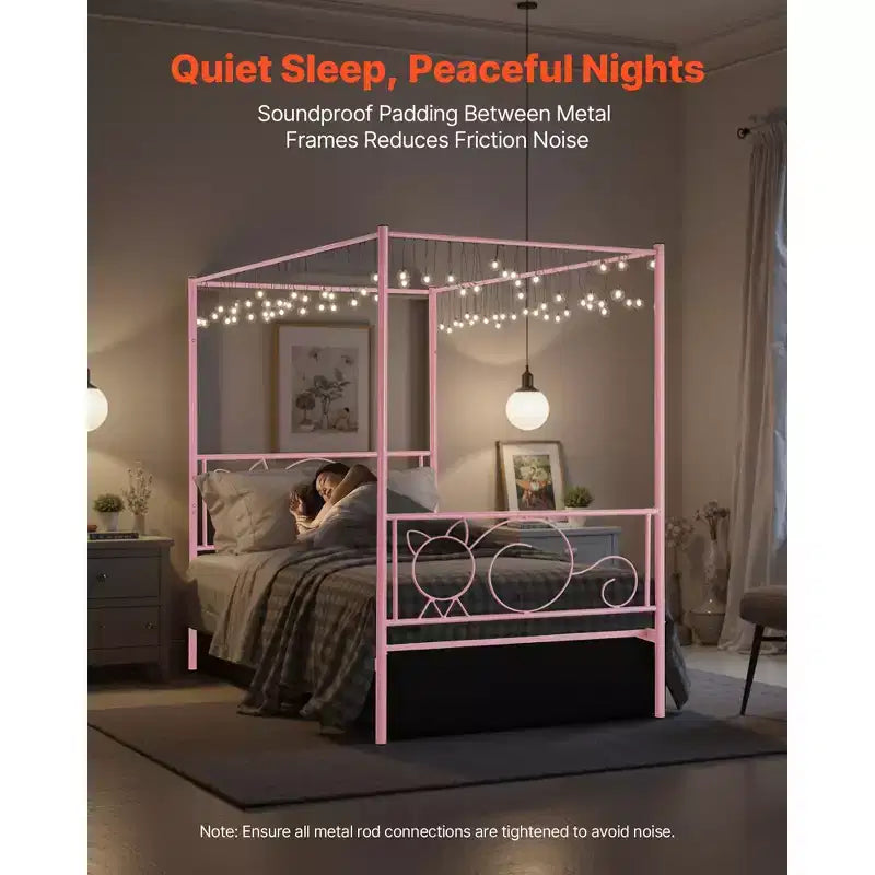 VEVOR Twin Size Canopy Bed Frame, Metal Canopy Bed with Minimalist Headboard & Four Posters Design, Heavy Duty Steel Slats Support, Pink