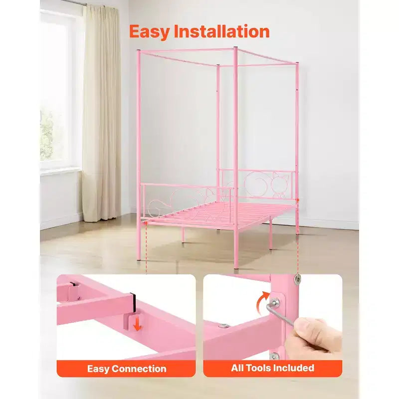 VEVOR Twin Size Canopy Bed Frame, Metal Canopy Bed with Minimalist Headboard & Four Posters Design, Heavy Duty Steel Slats Support, Pink