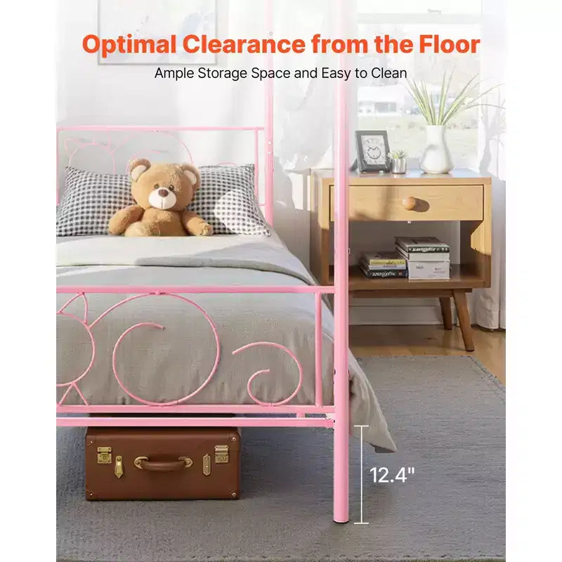VEVOR Twin Size Canopy Bed Frame, Metal Canopy Bed with Minimalist Headboard & Four Posters Design, Heavy Duty Steel Slats Support, Pink