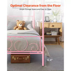 VEVOR Twin Size Canopy Bed Frame, Metal Canopy Bed with Minimalist Headboard & Four Posters Design, Heavy Duty Steel Slats Support, Pink