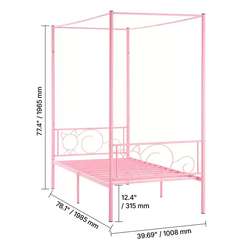 VEVOR Twin Size Canopy Bed Frame, Metal Canopy Bed with Minimalist Headboard & Four Posters Design, Heavy Duty Steel Slats Support, Pink
