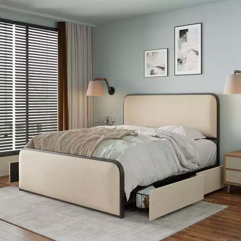 GDFStudio Bavier Modern Linen Upholstered Metal Bed Frame with 4 Storage Drawers