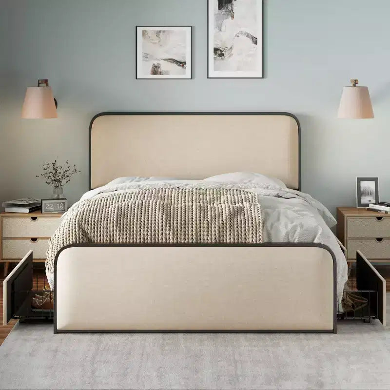 GDFStudio Bavier, letto matrimoniale moderno con telaio in metallo e rivestimento in lino, con 4 cassetti portaoggetti
