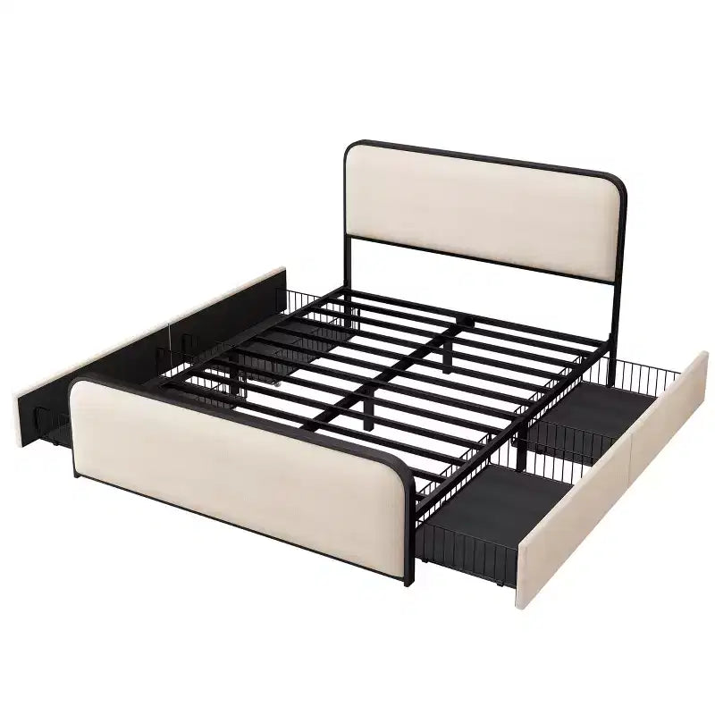 GDFStudio Bavier, letto matrimoniale moderno con telaio in metallo e rivestimento in lino, con 4 cassetti portaoggetti