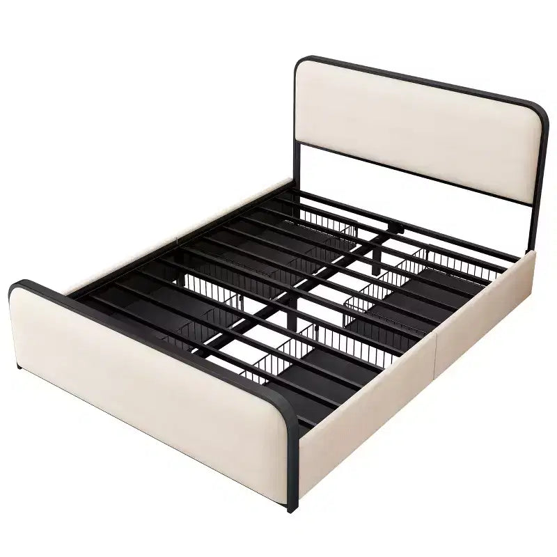 GDFStudio Bavier, letto matrimoniale moderno con telaio in metallo e rivestimento in lino, con 4 cassetti portaoggetti