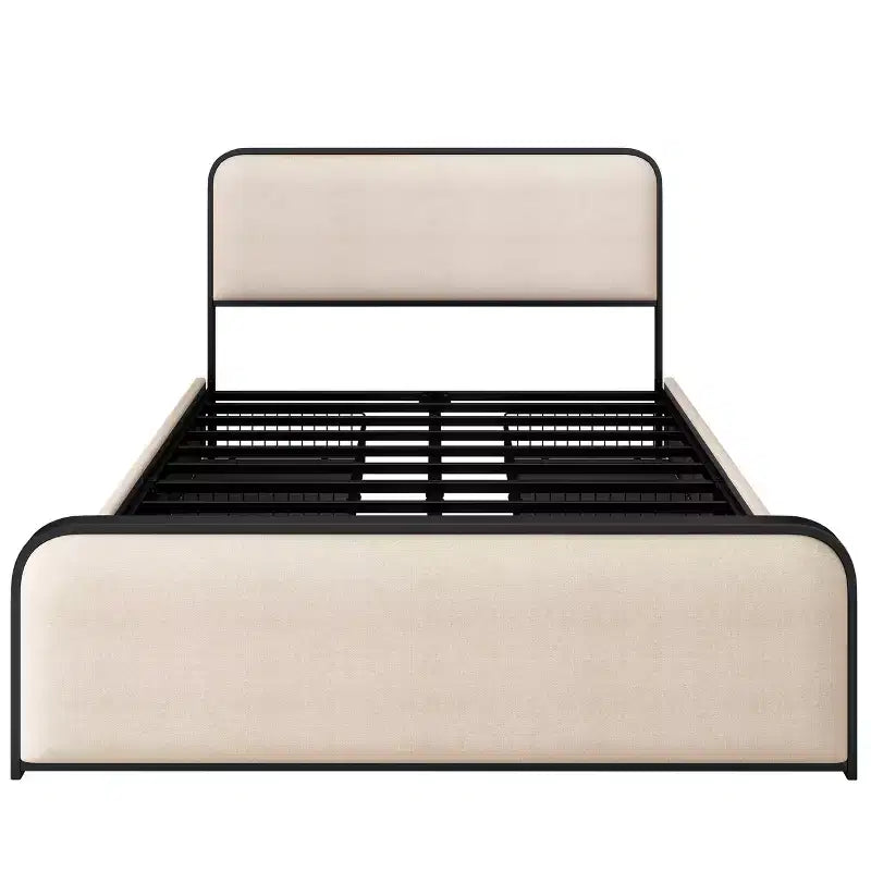GDFStudio Bavier, letto matrimoniale moderno con telaio in metallo e rivestimento in lino, con 4 cassetti portaoggetti