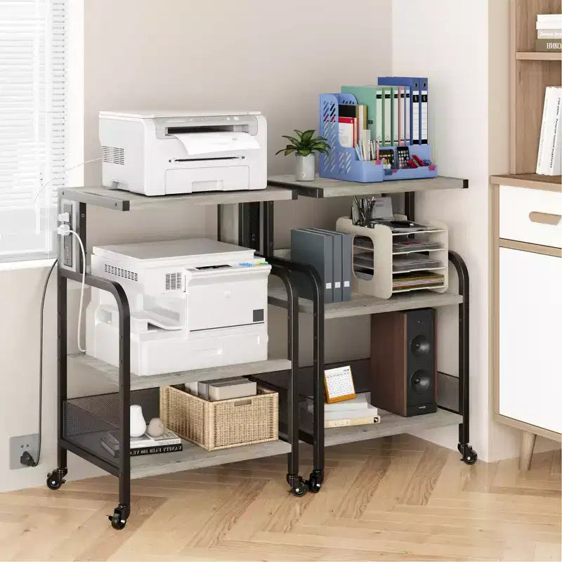 Supporto per stampante, carrello per stampante a 3 livelli con ruote, porte USB e prese di corrente - Tavolo portaoggetti resistente (Casa/Ufficio, Grigio)