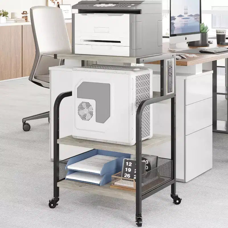 Supporto per stampante, carrello per stampante a 3 livelli con ruote, porte USB e prese di corrente - Tavolo portaoggetti resistente (Casa/Ufficio, Grigio)