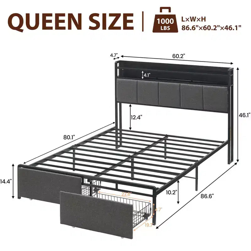 Struttura letto matrimoniale Queen Size con 2 cassetti contenitore, testiera contenitore imbottita con luci LED e stazione di ricarica