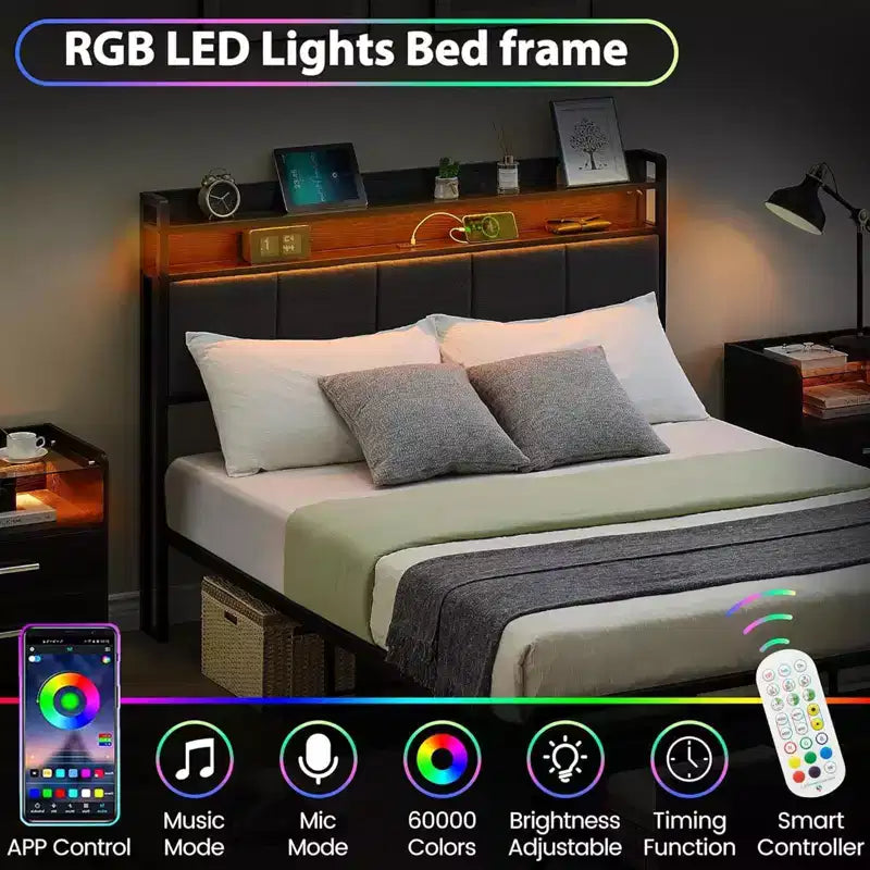 Struttura letto matrimoniale Queen Size con 2 cassetti contenitore, testiera contenitore imbottita con luci LED e stazione di ricarica