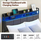 Struttura letto matrimoniale Queen Size con 2 cassetti contenitore, testiera contenitore imbottita con luci LED e stazione di ricarica