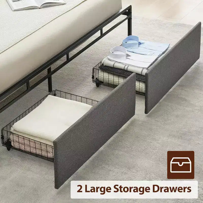 Struttura letto matrimoniale Queen Size con 2 cassetti contenitore, testiera contenitore imbottita con luci LED e stazione di ricarica