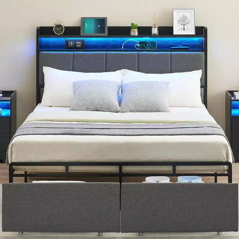 Struttura letto matrimoniale Queen Size con 2 cassetti contenitore, testiera contenitore imbottita con luci LED e stazione di ricarica