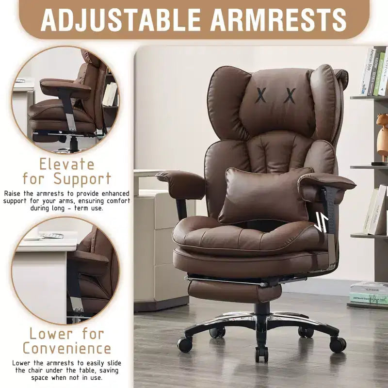 Big and Tall Office Chair with Footrest - Efomao High Back Executive Desk Chair with Wide Seat, Adjustable Armrests, Ergonomic Computer Chair, Brown