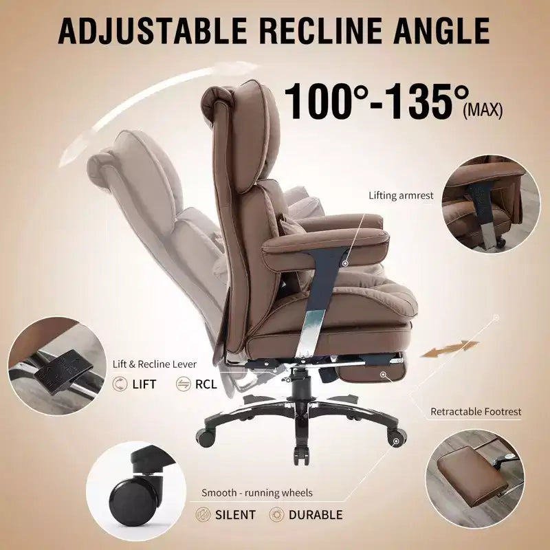Big and Tall Office Chair with Footrest - Efomao High Back Executive Desk Chair with Wide Seat, Adjustable Armrests, Ergonomic Computer Chair, Brown