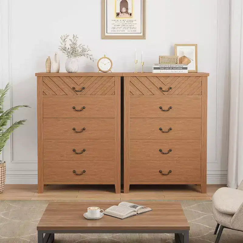 5 Drawer Dresser for Bedroom, Wooden Chest of Drawers with V Shape Design, Tall Storage Organizer for Living Room, Nursery, Entryway