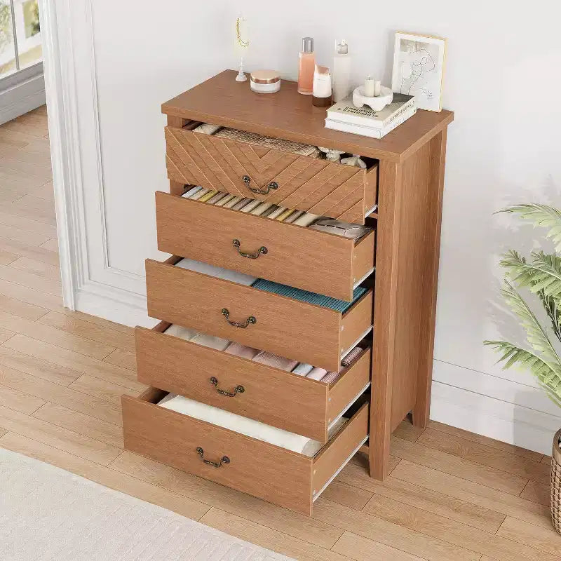 5 Drawer Dresser for Bedroom, Wooden Chest of Drawers with V Shape Design, Tall Storage Organizer for Living Room, Nursery, Entryway