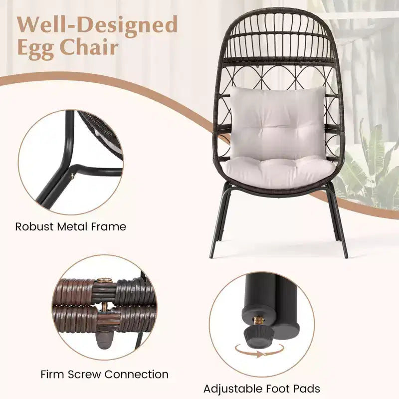 Costway Patio Wicker Rattan Egg Chair with Seat & Back Cushions Metal Indoor Outdoor