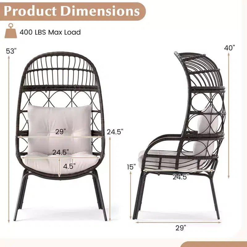 Costway Patio Wicker Rattan Egg Chair with Seat & Back Cushions Metal Indoor Outdoor