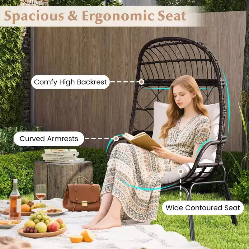 Costway Patio Wicker Rattan Egg Chair with Seat & Back Cushions Metal Indoor Outdoor
