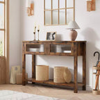 GustoWave Tavolo Consolle in Legno da 43'' per Ingresso, Tavolino da Divano a 2 Livelli con 2 Cassetti in Vetro e Spazio Contenitore, Ideale per Soggiorno e Foyer