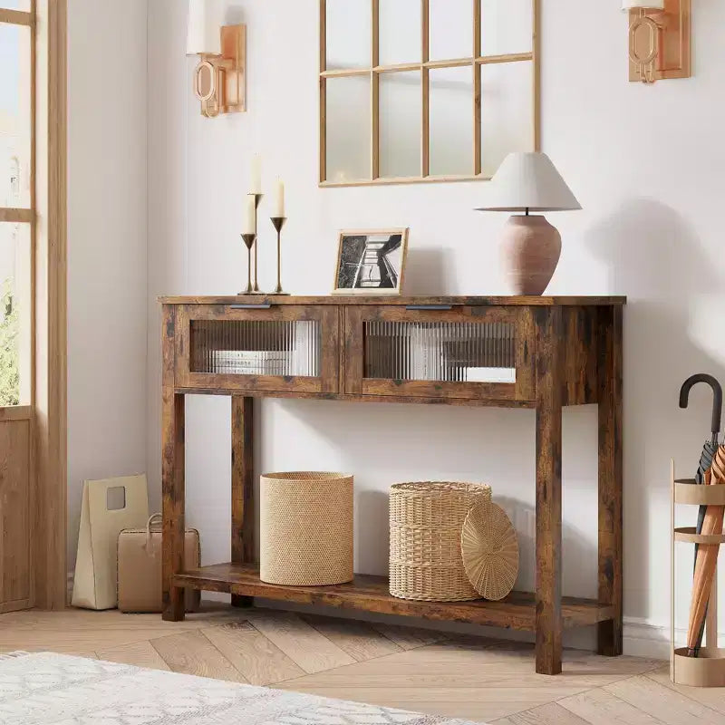 GustoWave Tavolo Consolle in Legno da 43'' per Ingresso, Tavolino da Divano a 2 Livelli con 2 Cassetti in Vetro e Spazio Contenitore, Ideale per Soggiorno e Foyer