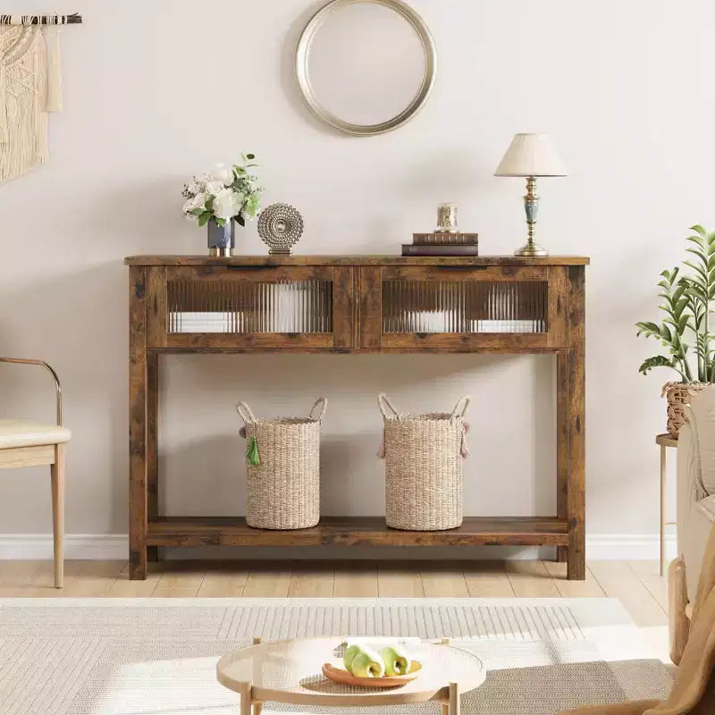 GustoWave Tavolo Consolle in Legno da 43'' per Ingresso, Tavolino da Divano a 2 Livelli con 2 Cassetti in Vetro e Spazio Contenitore, Ideale per Soggiorno e Foyer