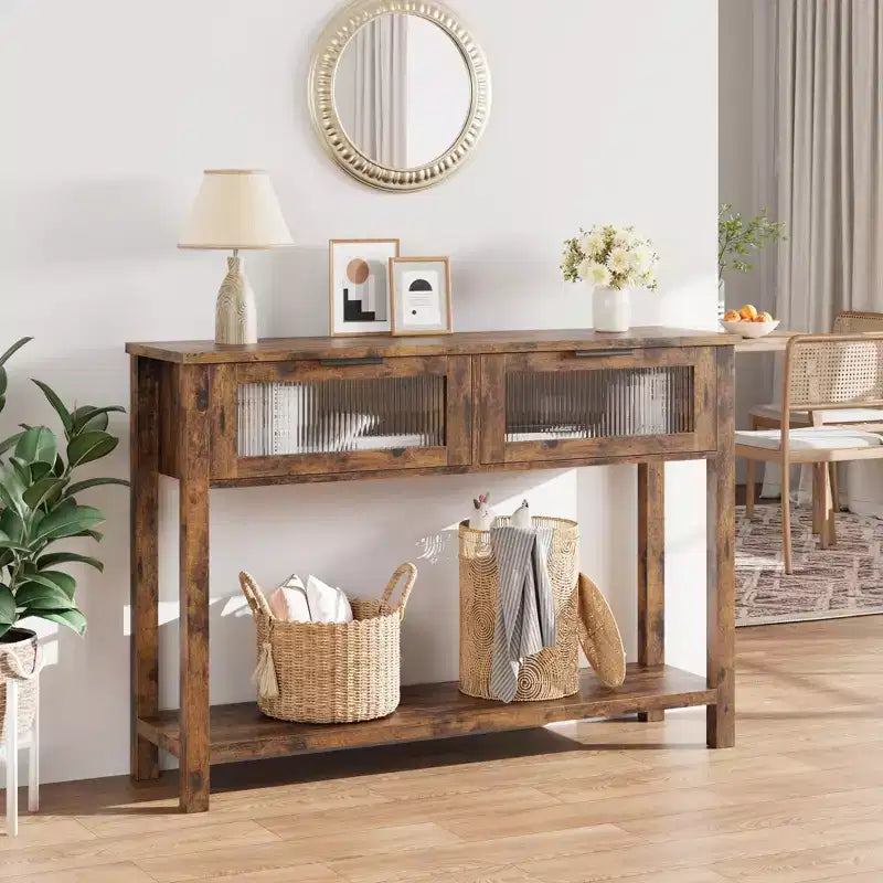 GustoWave Tavolo Consolle in Legno da 43'' per Ingresso, Tavolino da Divano a 2 Livelli con 2 Cassetti in Vetro e Spazio Contenitore, Ideale per Soggiorno e Foyer