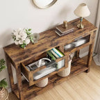GustoWave Tavolo Consolle in Legno da 43'' per Ingresso, Tavolino da Divano a 2 Livelli con 2 Cassetti in Vetro e Spazio Contenitore, Ideale per Soggiorno e Foyer